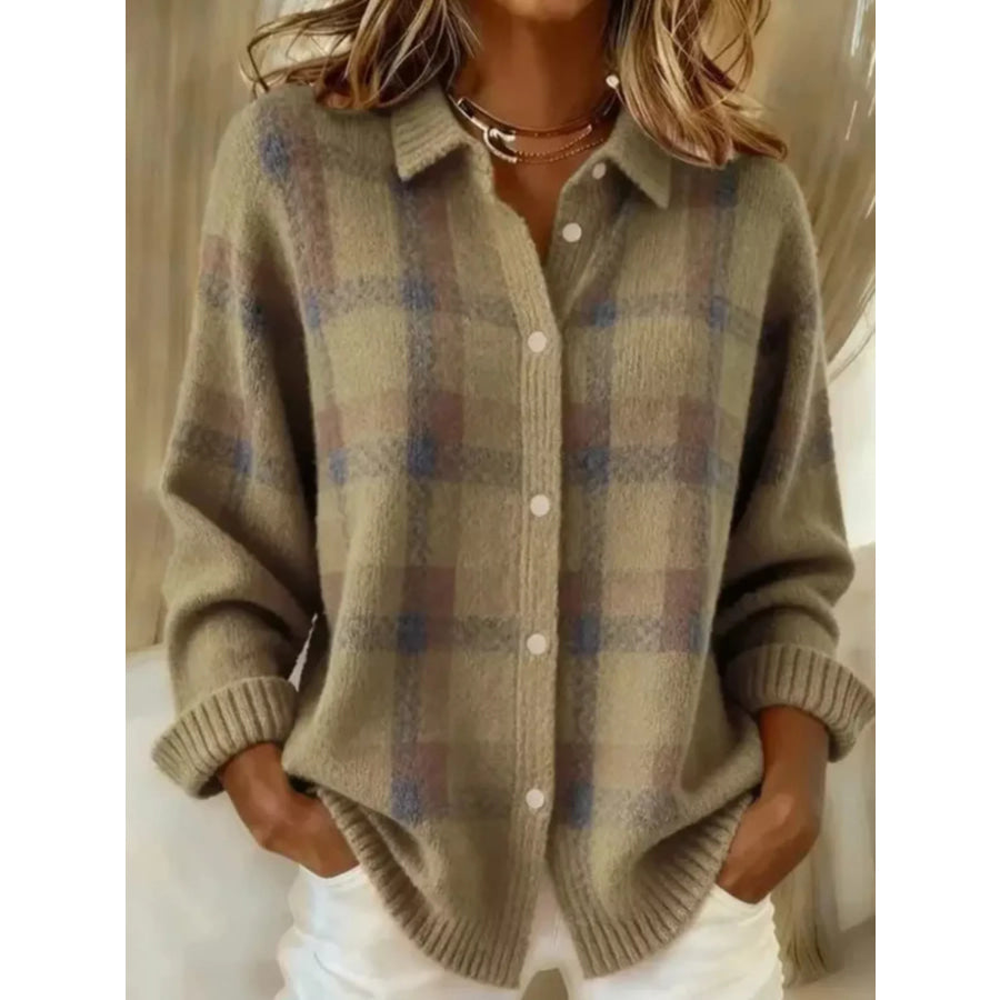 Full Size Plaid Button-Down Knit Cardigan Plus Khaki / S Apparel and Accessories