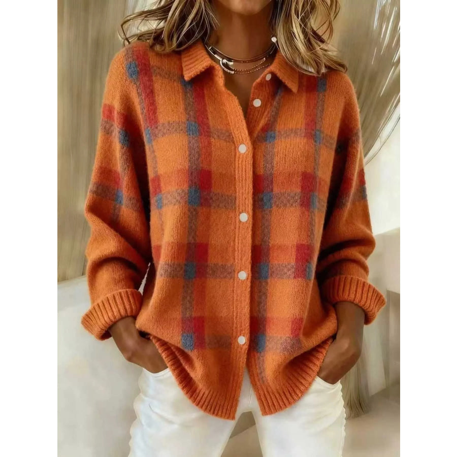 Full Size Plaid Button-Down Knit Cardigan Plus Orange / S Apparel and Accessories
