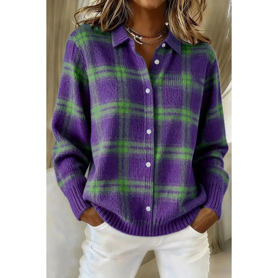 Full Size Plaid Button-Down Knit Cardigan Plus Purple / S Apparel and Accessories