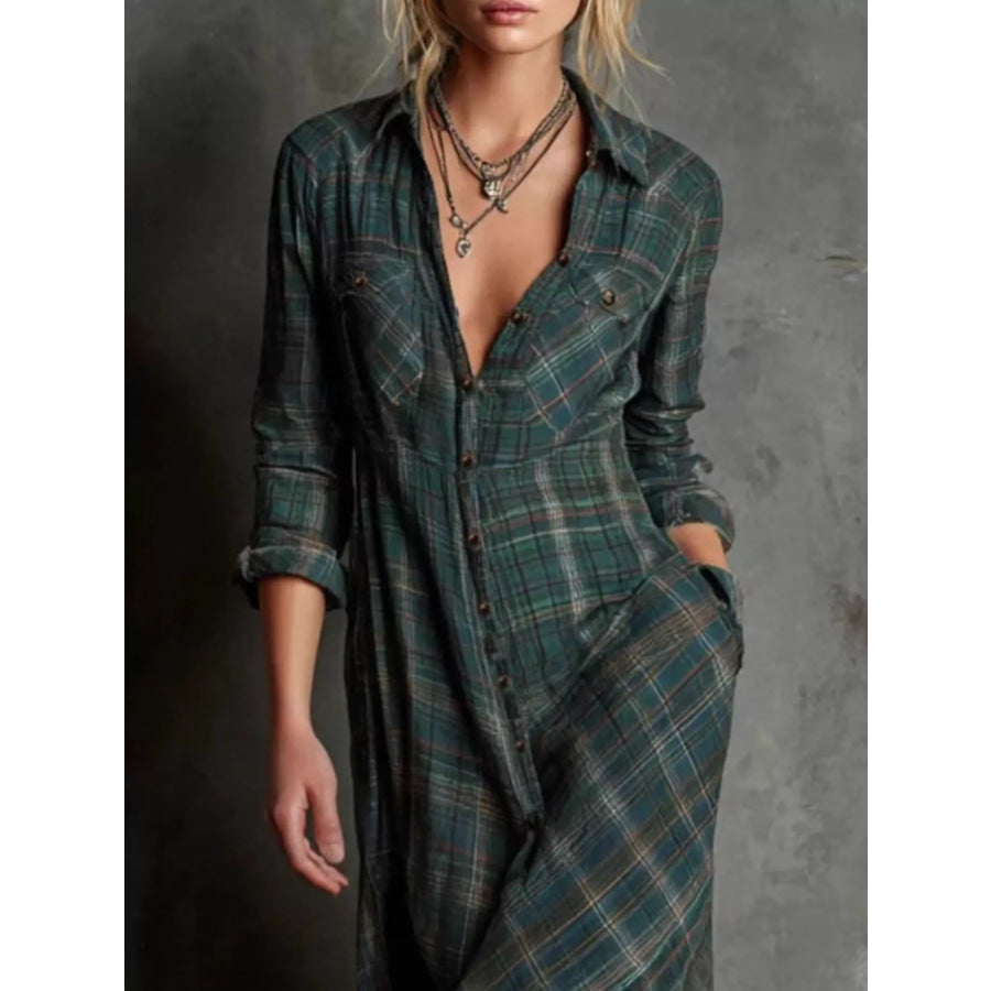 Full Size Plaid Button-Down Maxi Dress Plus Size Apparel and Accessories