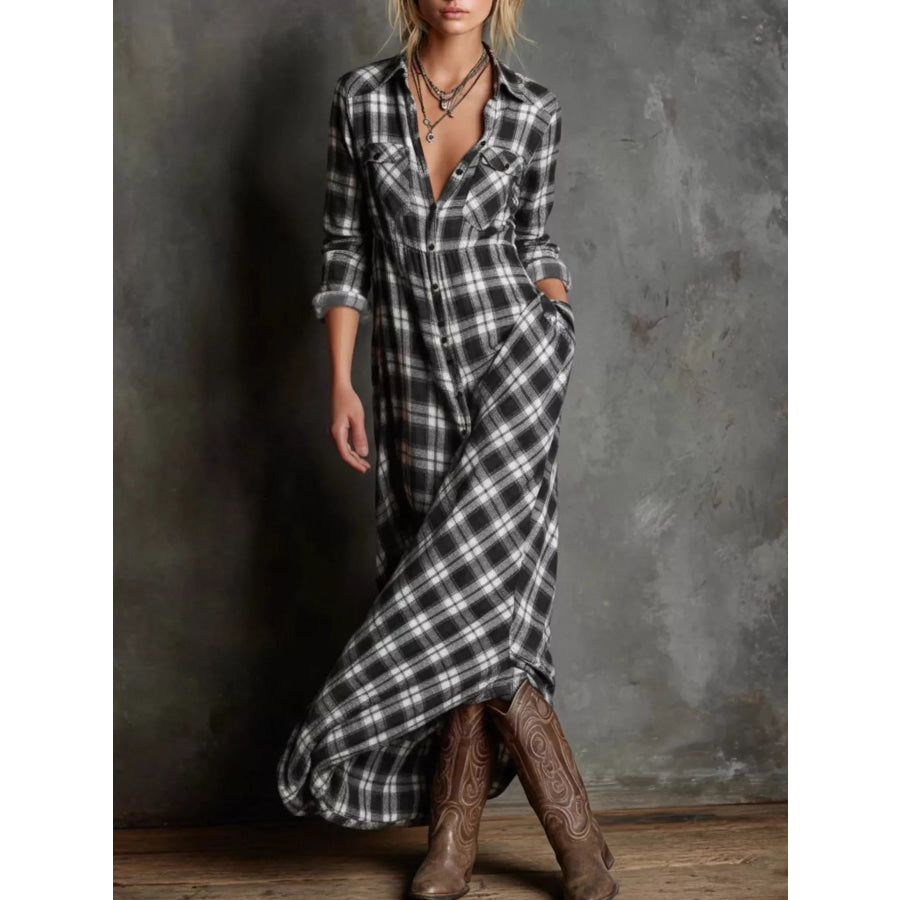 Full Size Plaid Button-Down Maxi Dress Plus Size Black / XS Apparel and Accessories