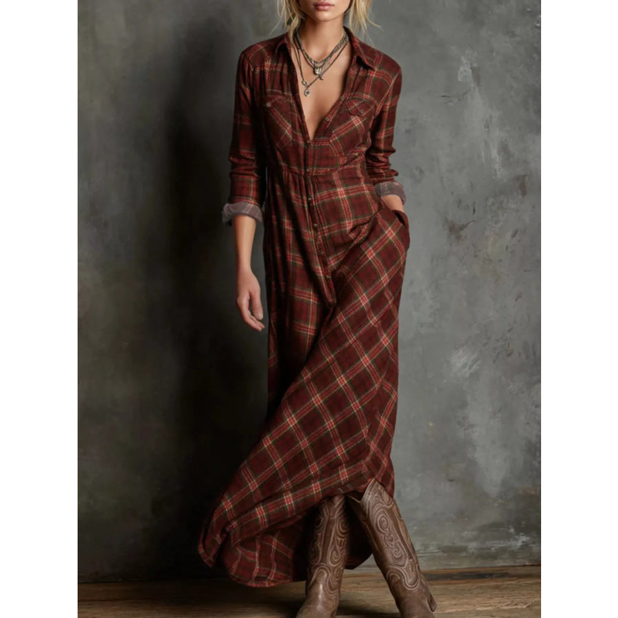 Full Size Plaid Button-Down Maxi Dress Plus Size Burgundy / XS Apparel and Accessories
