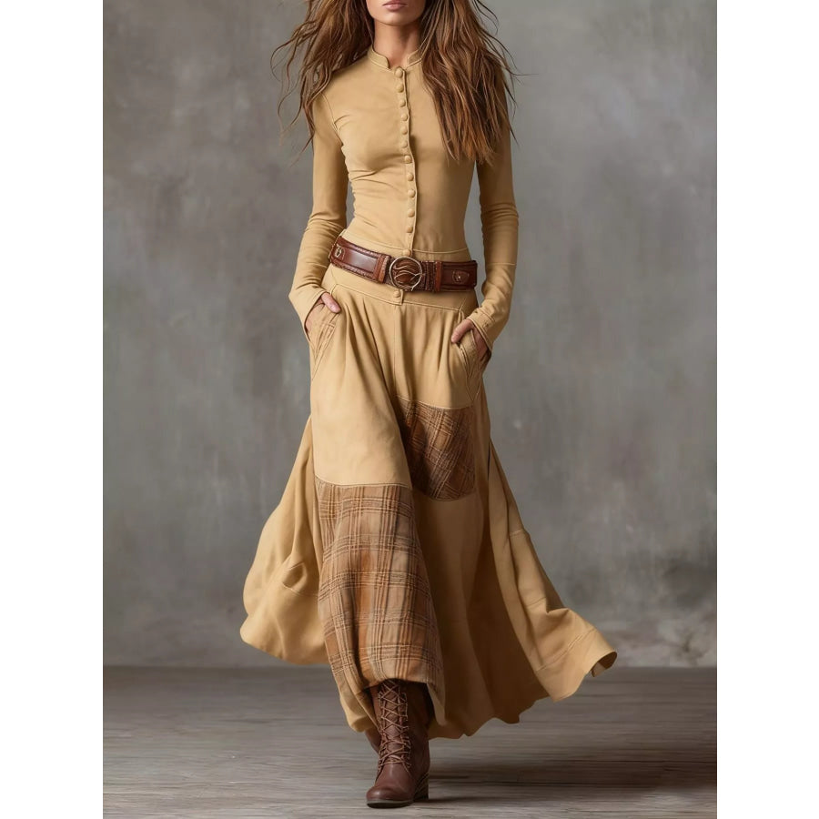 Full Size Plaid Button Front Long Sleeve Dress Plus Size Apricot / S Apparel and Accessories