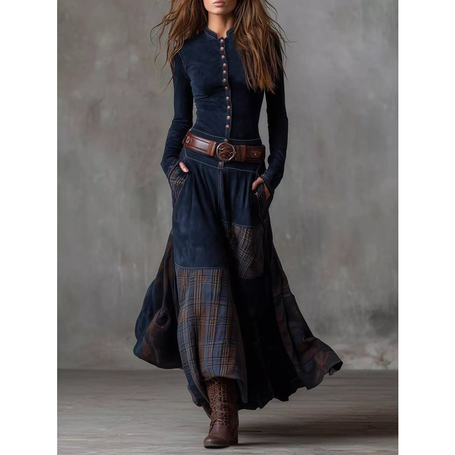 Full Size Plaid Button Front Long Sleeve Dress Plus Size Blue / S Apparel and Accessories