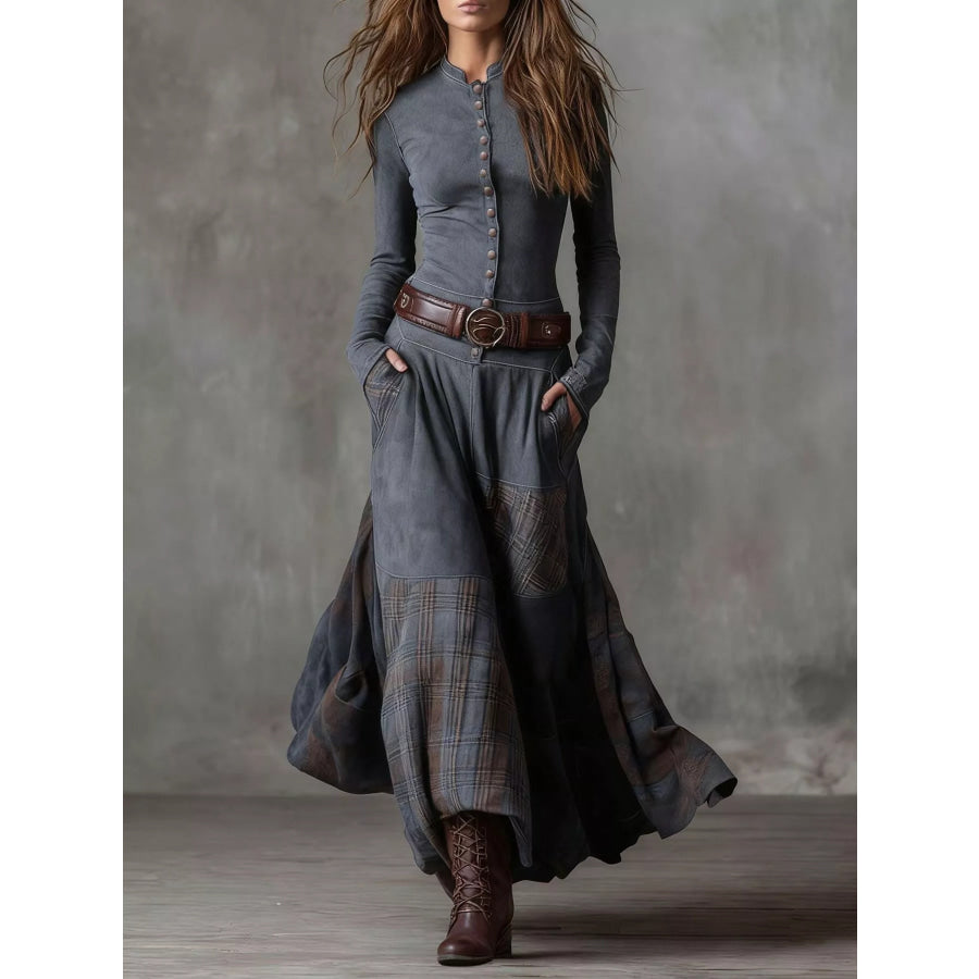 Full Size Plaid Button Front Long Sleeve Dress Plus Size Gray / S Apparel and Accessories