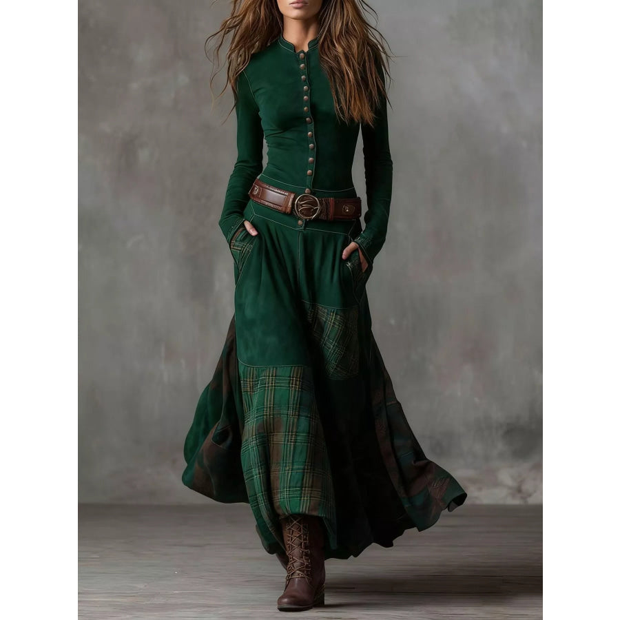 Full Size Plaid Button Front Long Sleeve Dress Plus Size Green / S Apparel and Accessories