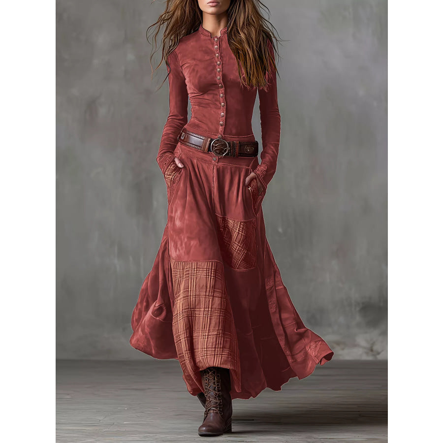 Full Size Plaid Button Front Long Sleeve Dress Plus Size Red / S Apparel and Accessories