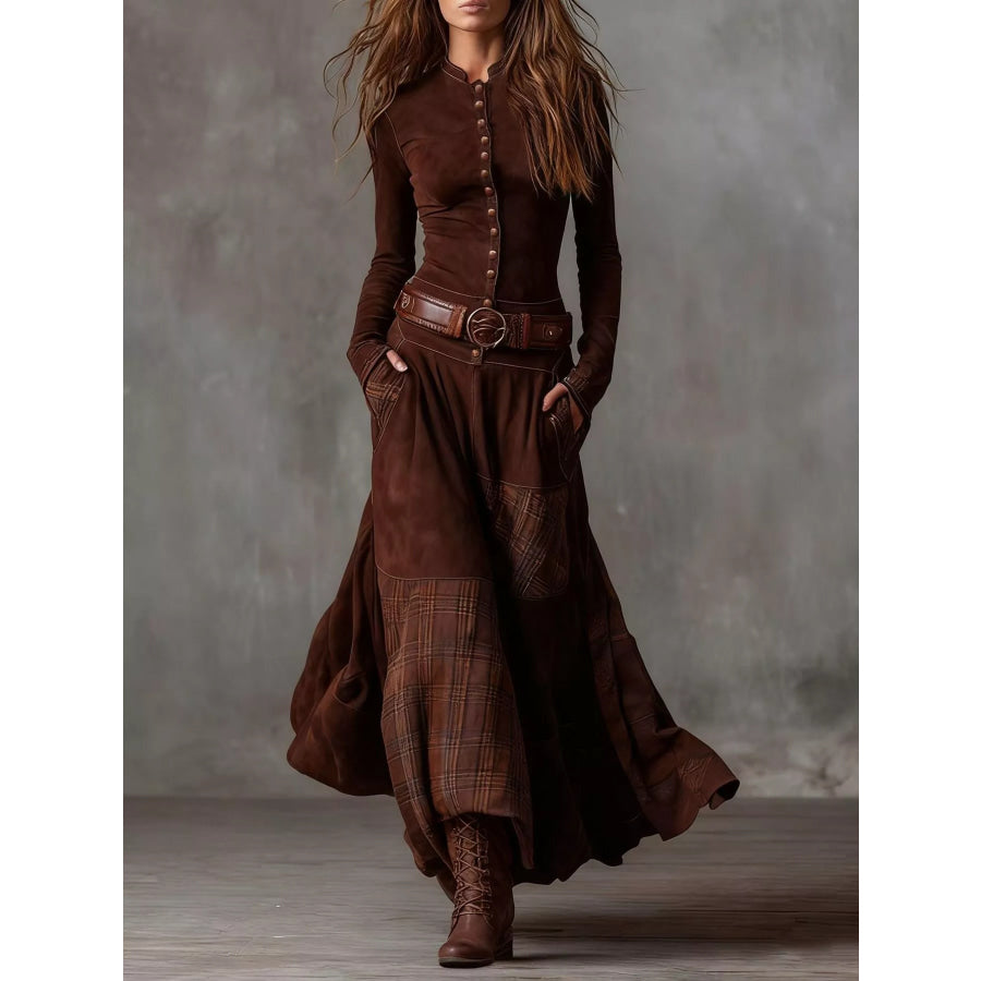 Full Size Plaid Button Front Long Sleeve Dress Plus Size Rust / S Apparel and Accessories