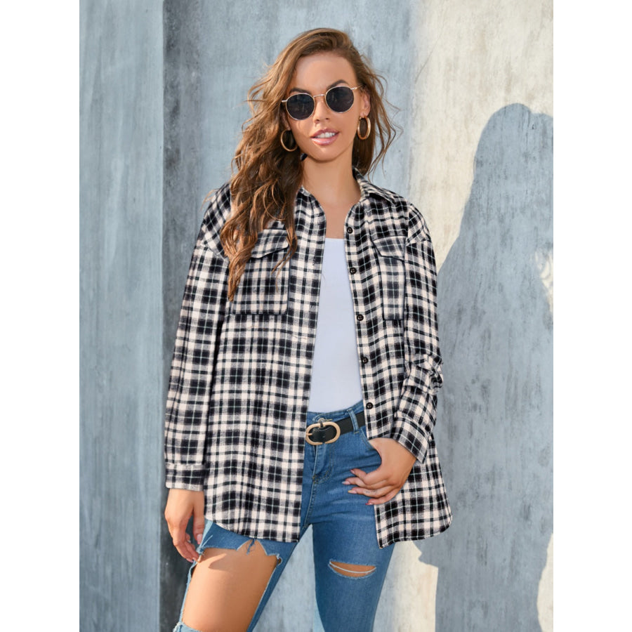 Full Size Plaid Button Up Pocketed Shirt Camel / S Apparel and Accessories