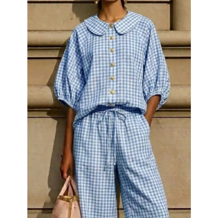 Full Size Plaid Button Up Shirt and Pants Set Plus Size Light Blue / XS Apparel and Accessories
