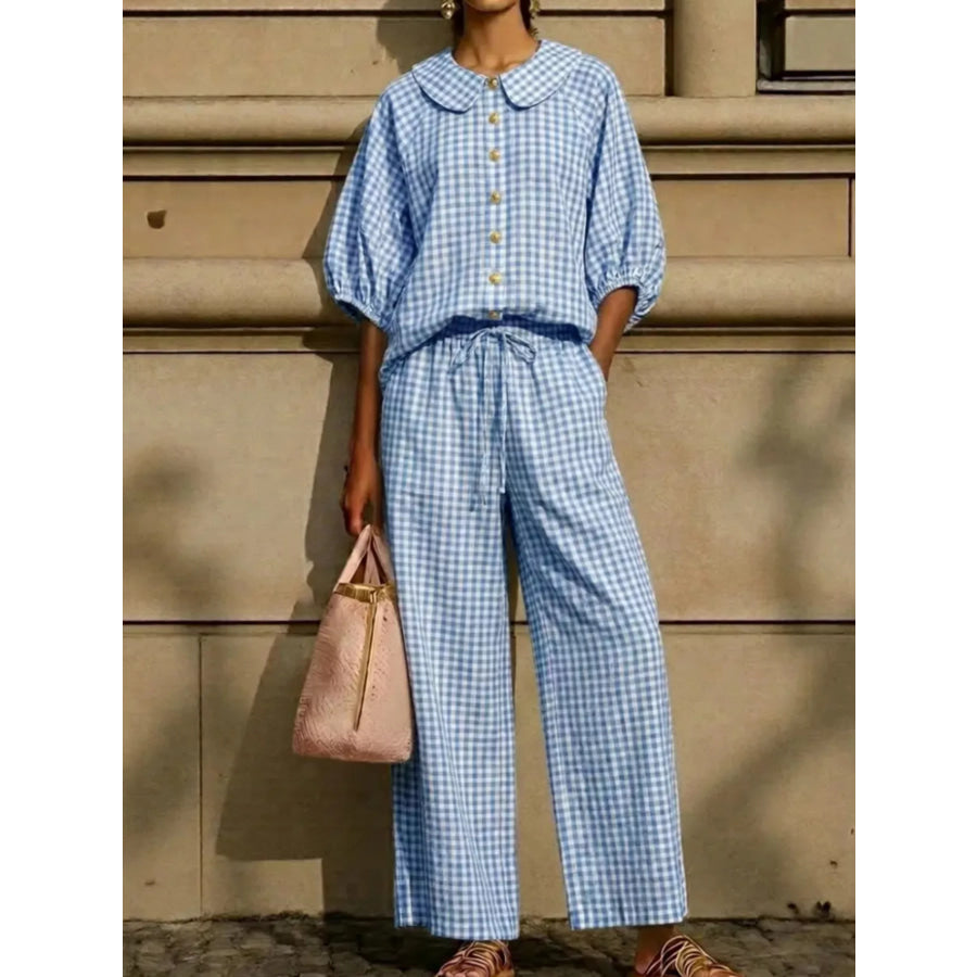 Full Size Plaid Button Up Shirt and Pants Set Plus Size Light Blue / XS Apparel and Accessories