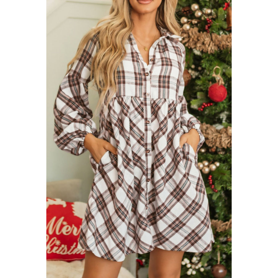 Full Size Plaid Collared Neck Balloon Sleeve Mini Shirt Dress Apparel and Accessories