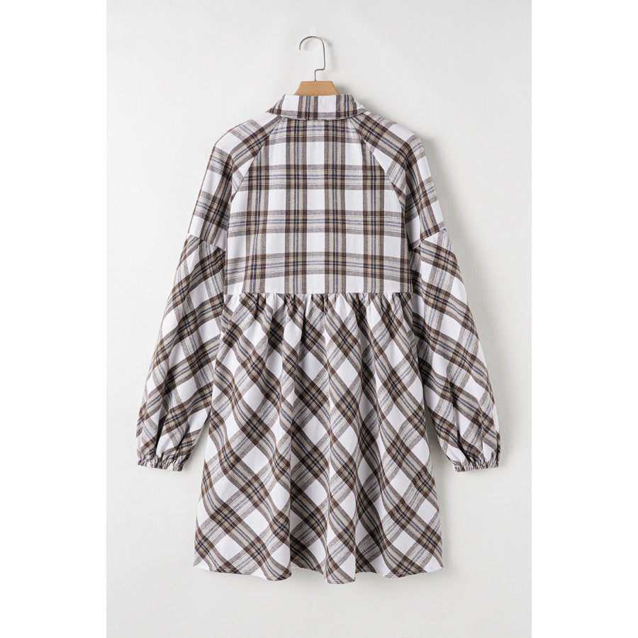 Full Size Plaid Collared Neck Balloon Sleeve Mini Shirt Dress Apparel and Accessories