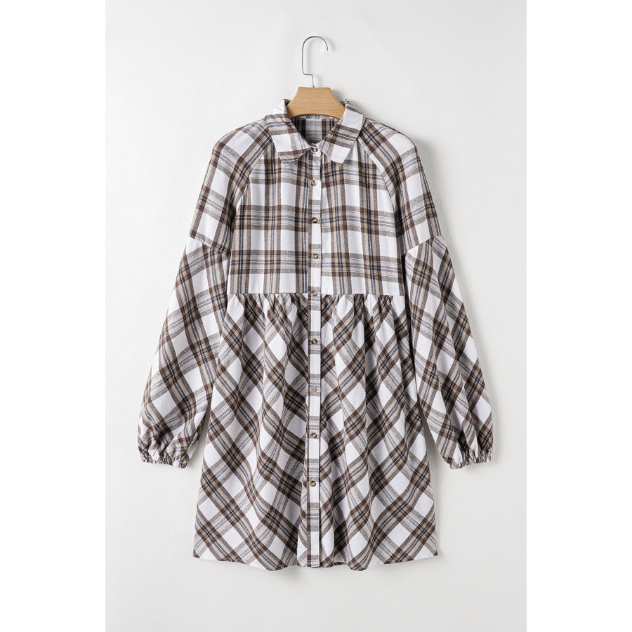 Full Size Plaid Collared Neck Balloon Sleeve Mini Shirt Dress Apparel and Accessories