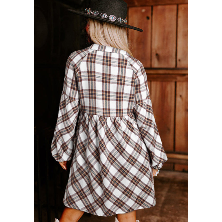 Full Size Plaid Collared Neck Balloon Sleeve Mini Shirt Dress Apparel and Accessories