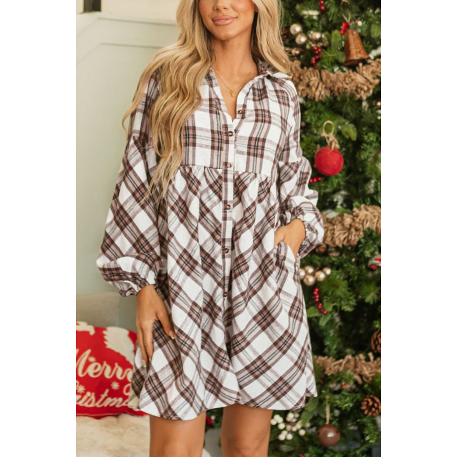 Full Size Plaid Collared Neck Balloon Sleeve Mini Shirt Dress White / S Apparel and Accessories