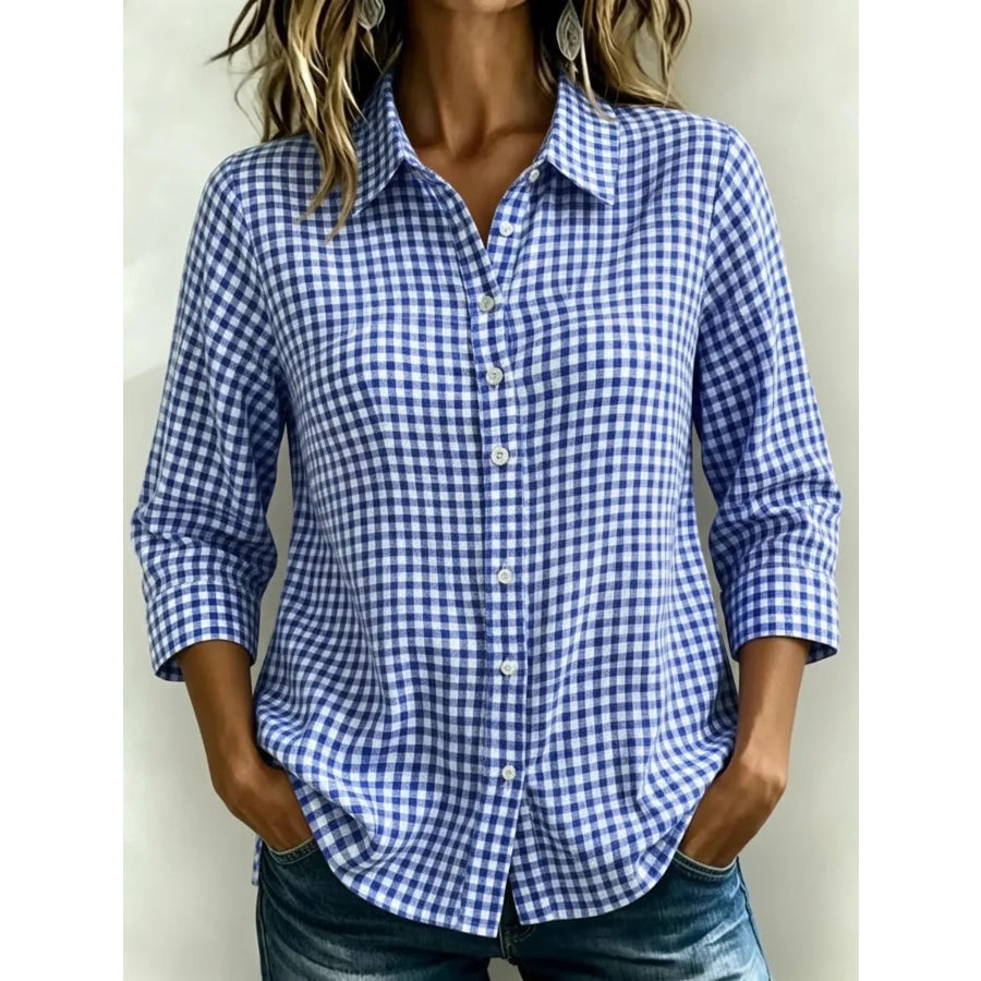 Full Size Plaid Collared Neck Button Up Shirt Plus Size Blue / XS Apparel and Accessories