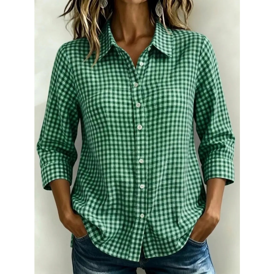 Full Size Plaid Collared Neck Button Up Shirt Plus Size Green / XS Apparel and Accessories