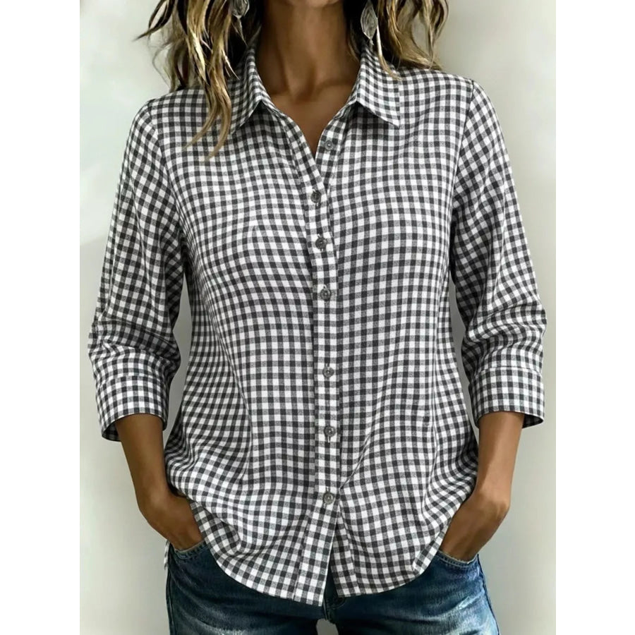 Full Size Plaid Collared Neck Button Up Shirt Plus Size Grey / XS Apparel and Accessories