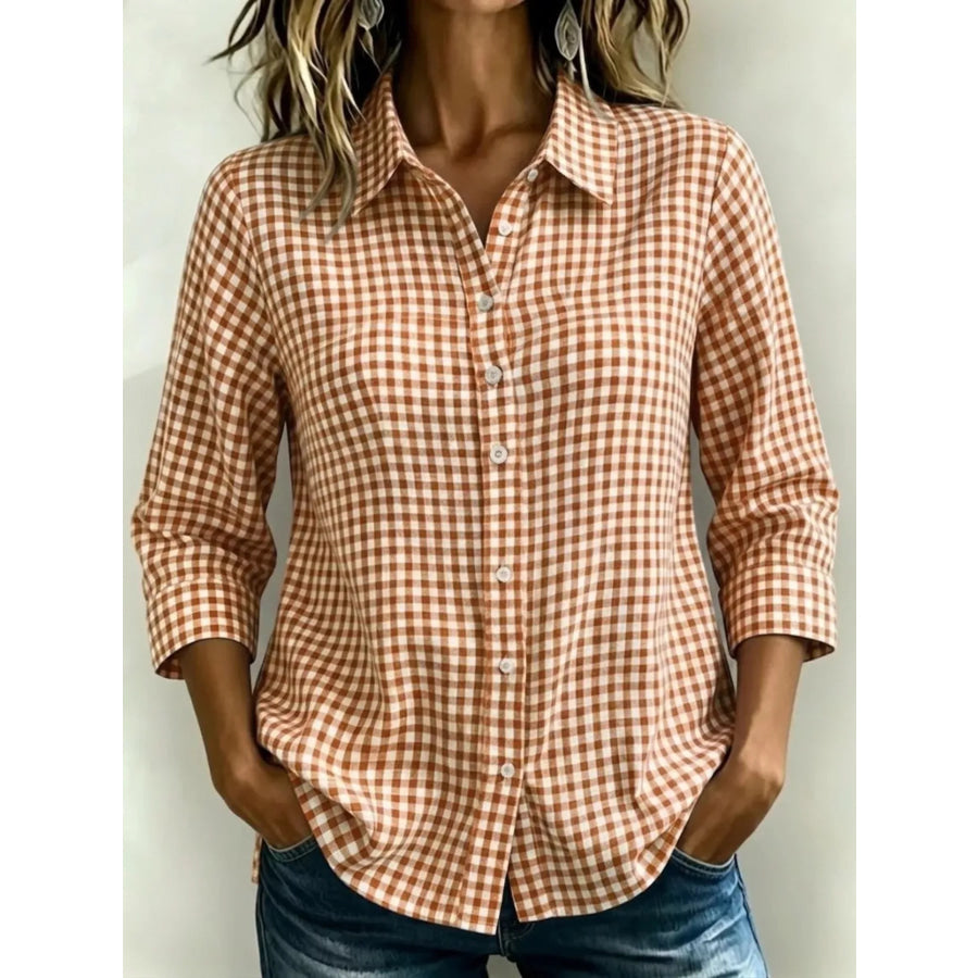 Full Size Plaid Collared Neck Button Up Shirt Plus Size Orange / XS Apparel and Accessories