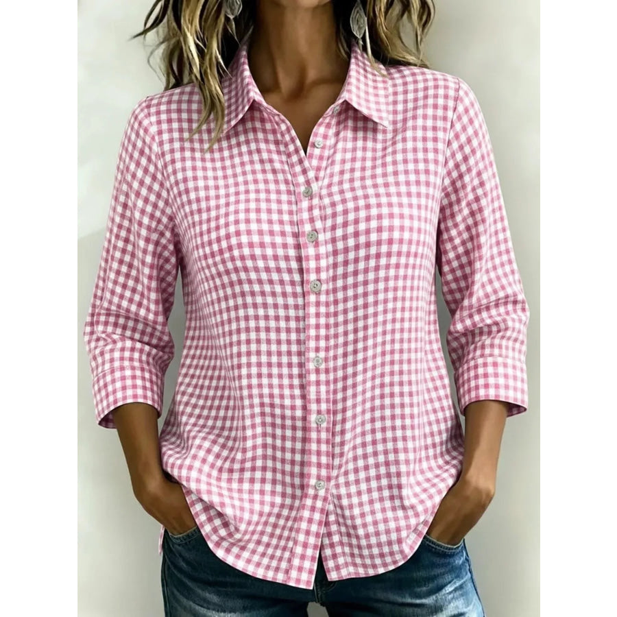 Full Size Plaid Collared Neck Button Up Shirt Plus Size Pink / XS Apparel and Accessories