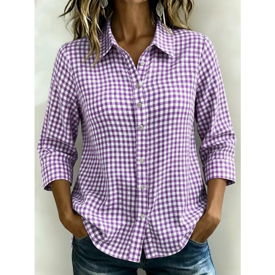 Full Size Plaid Collared Neck Button Up Shirt Plus Size Purple / XS Apparel and Accessories