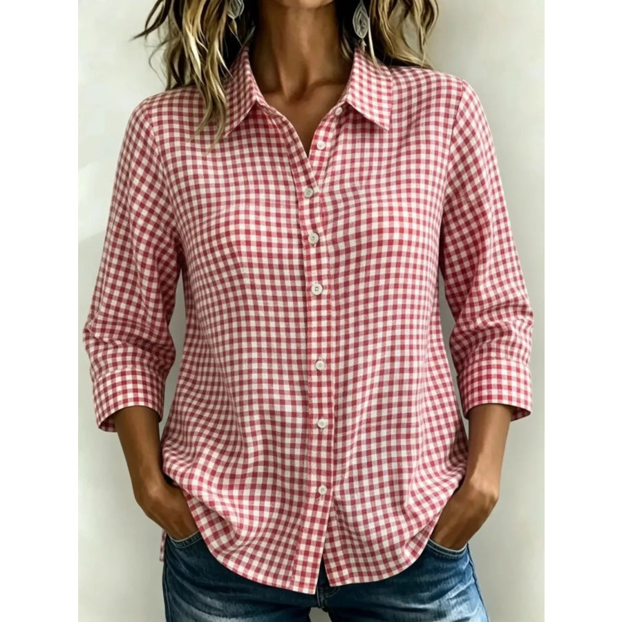 Full Size Plaid Collared Neck Button Up Shirt Plus Size Red / XS Apparel and Accessories