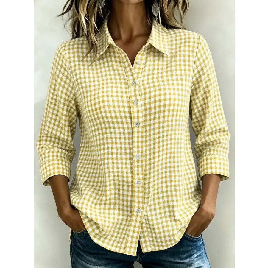 Full Size Plaid Collared Neck Button Up Shirt Plus Size Yellow / XS Apparel and Accessories