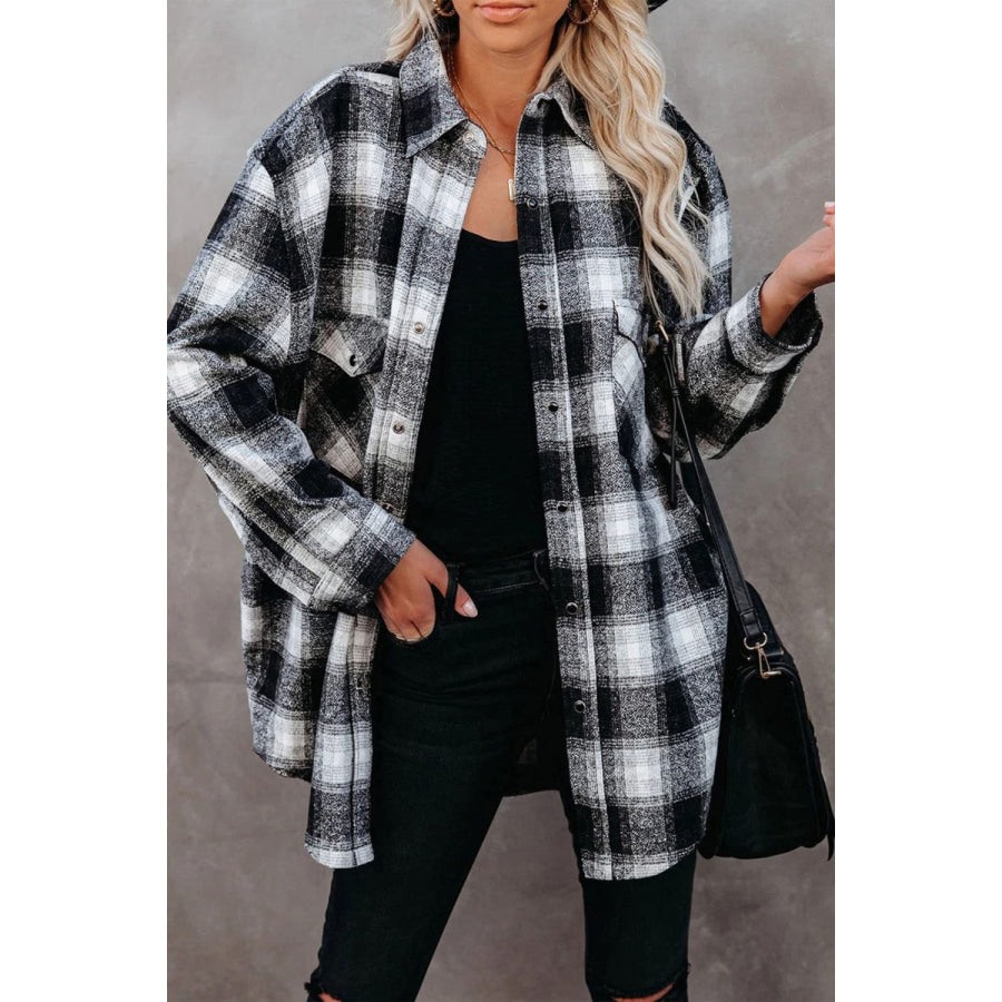 Full Size Plaid Collared Neck Long Sleeve Shirt Black / S Apparel and Accessories