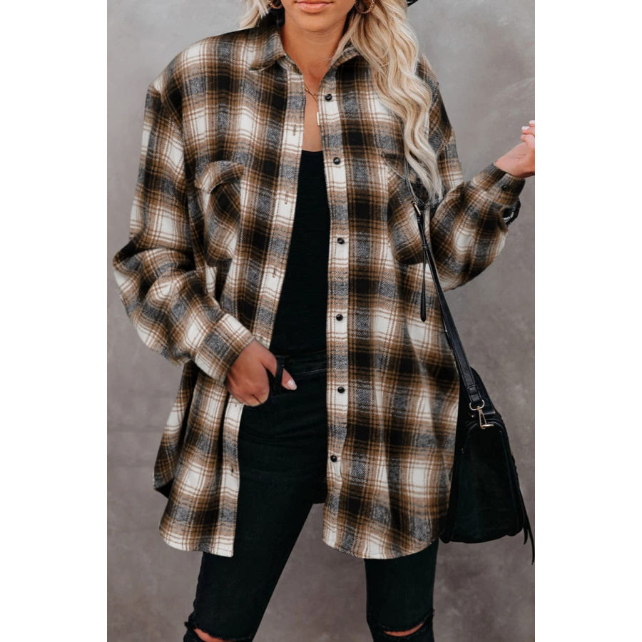 Full Size Plaid Collared Neck Long Sleeve Shirt Coffee Brown / S Apparel and Accessories