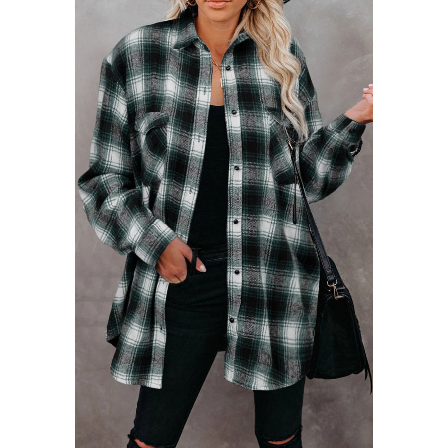 Full Size Plaid Collared Neck Long Sleeve Shirt Dark Green / S Apparel and Accessories