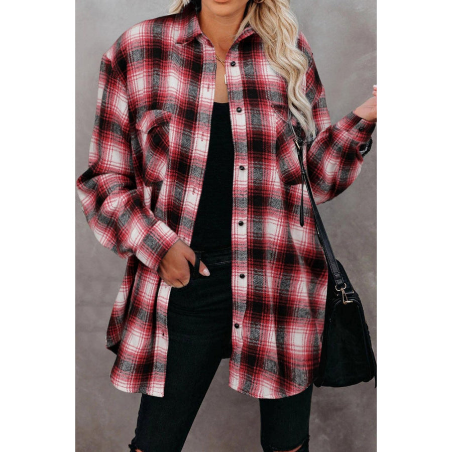 Full Size Plaid Collared Neck Long Sleeve Shirt Deep Red / S Apparel and Accessories