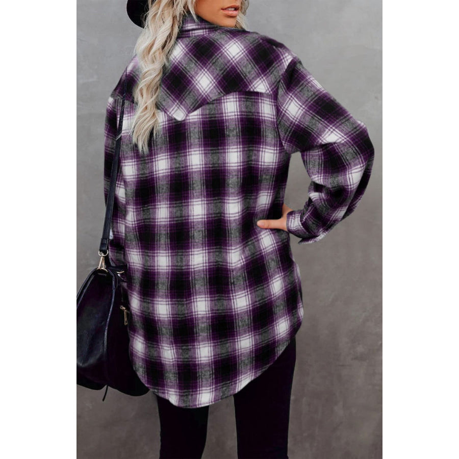 Full Size Plaid Collared Neck Long Sleeve Shirt Purple / S Apparel and Accessories