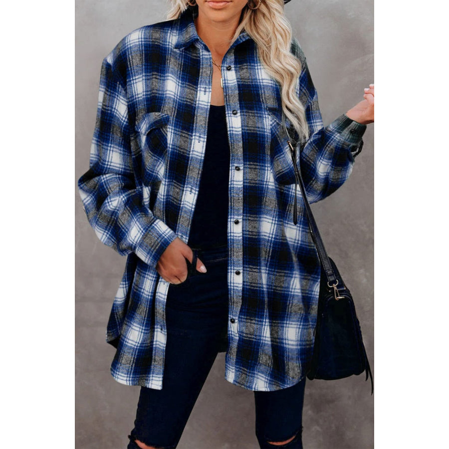 Full Size Plaid Collared Neck Long Sleeve Shirt Royal Blue / S Apparel and Accessories