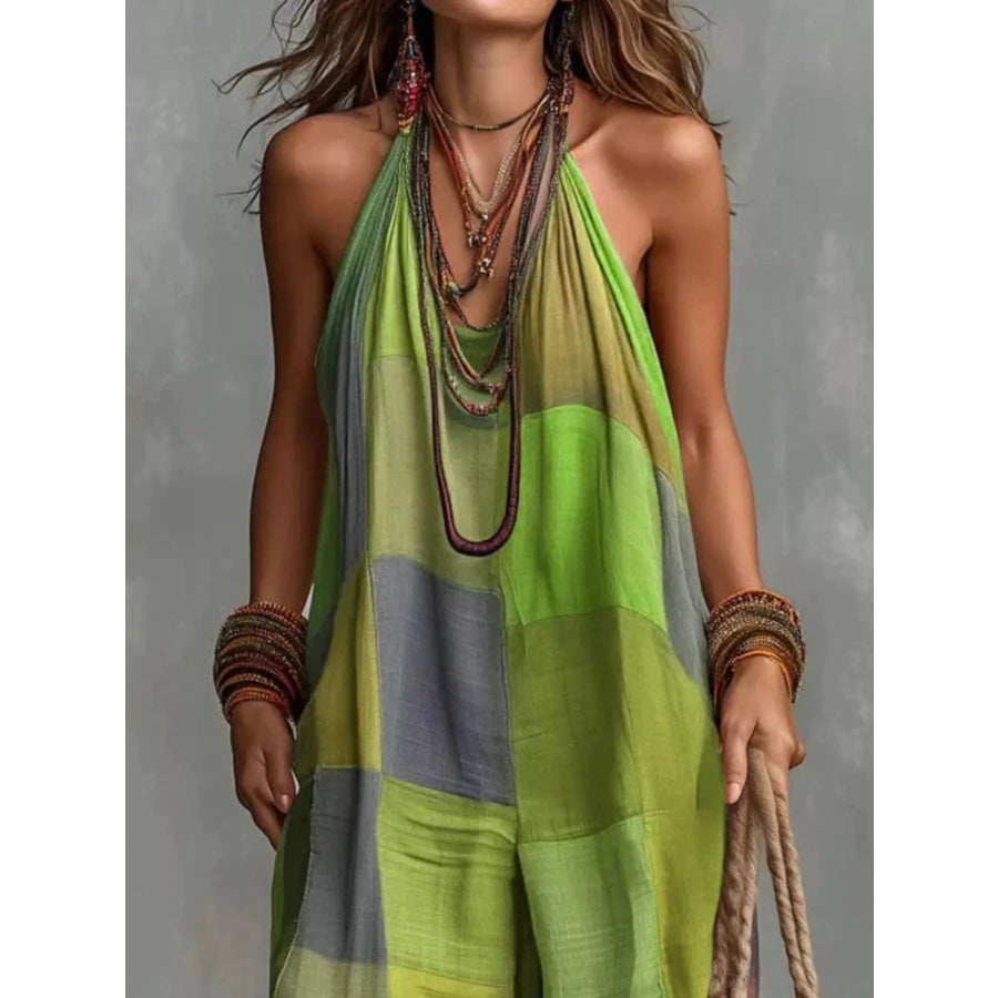 Full Size Plaid Halter Neck Wide-Leg Jumpsuit Plus Apparel and Accessories