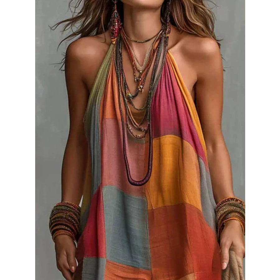 Full Size Plaid Halter Neck Wide-Leg Jumpsuit Plus Apparel and Accessories