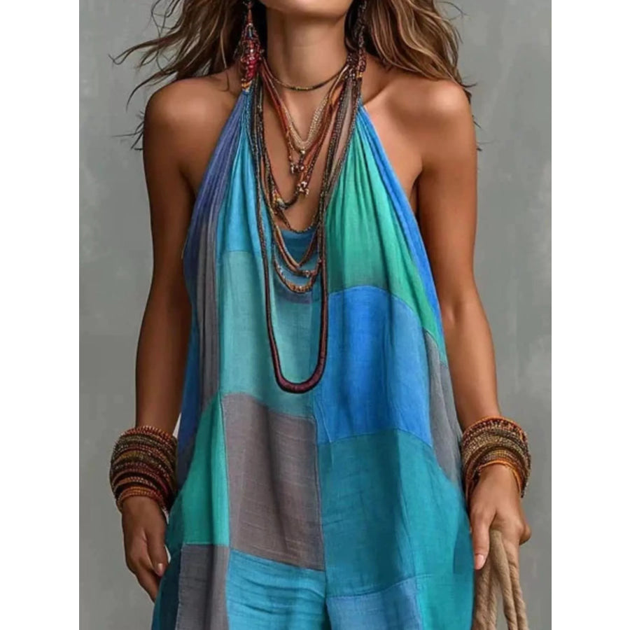 Full Size Plaid Halter Neck Wide-Leg Jumpsuit Plus Apparel and Accessories