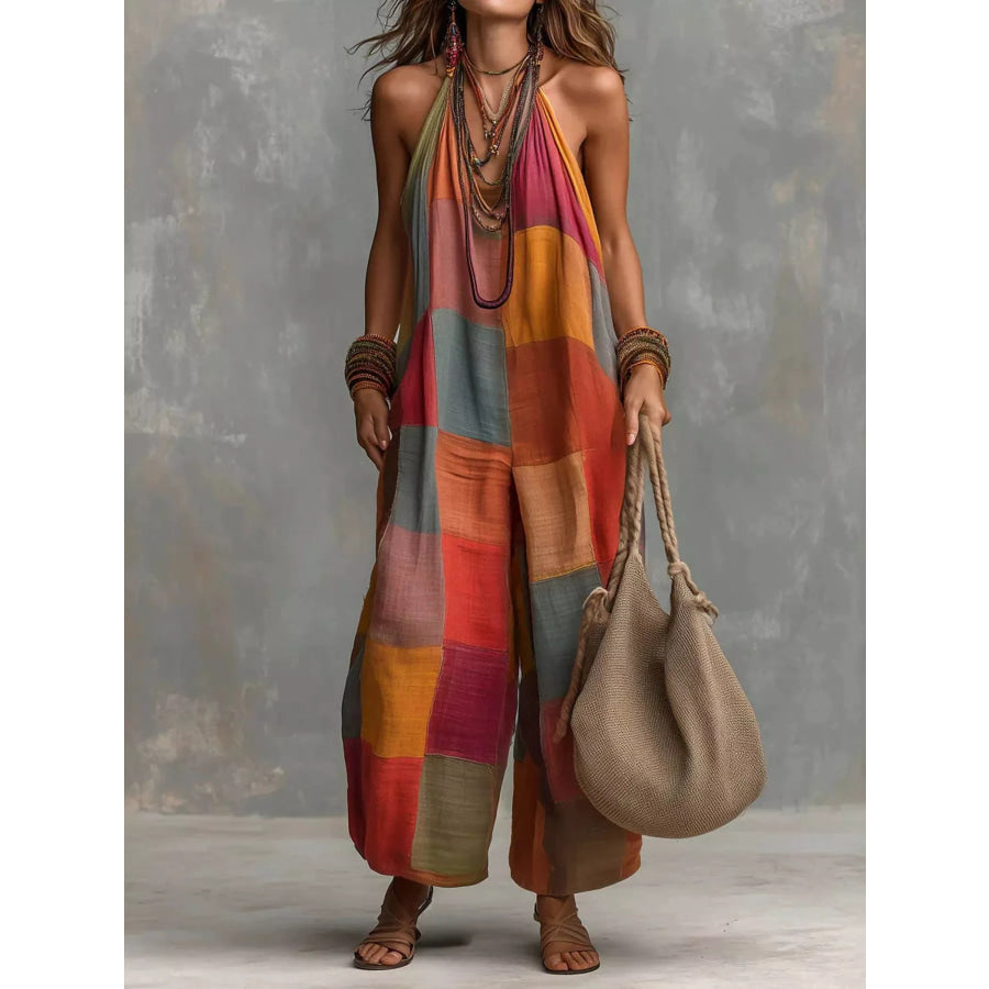 Full Size Plaid Halter Neck Wide-Leg Jumpsuit Plus Deep Red / S Apparel and Accessories