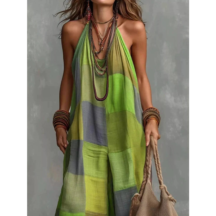 Full Size Plaid Halter Neck Wide-Leg Jumpsuit Plus Green / S Apparel and Accessories