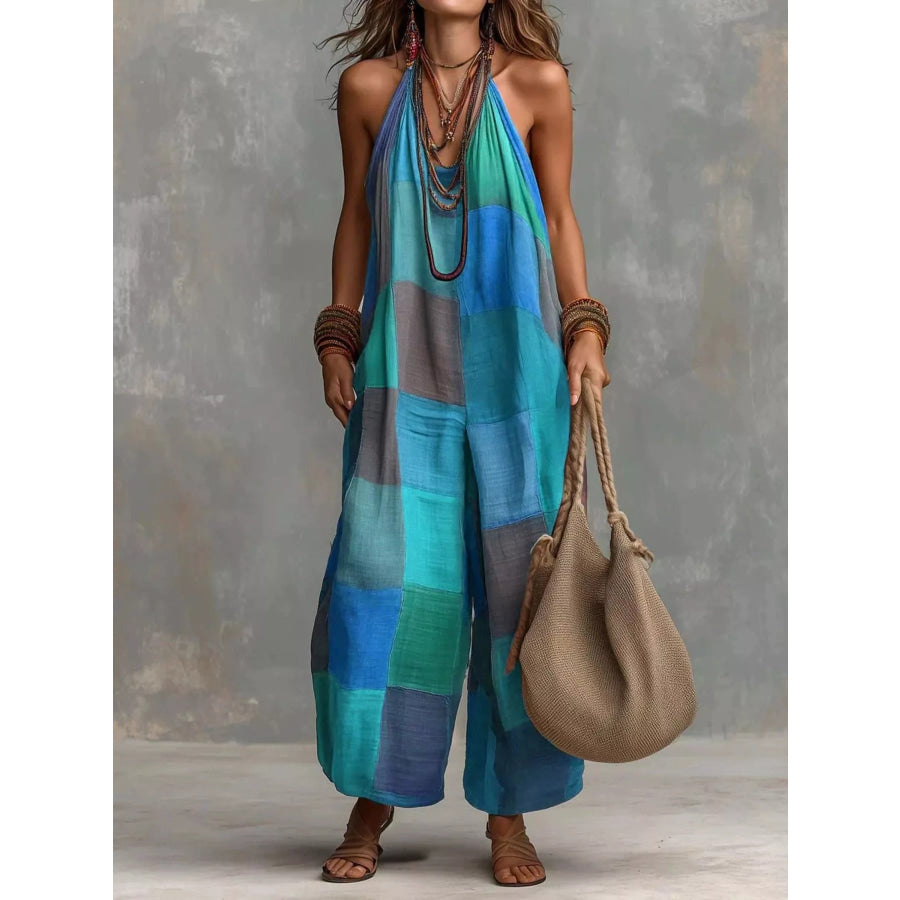 Full Size Plaid Halter Neck Wide-Leg Jumpsuit Plus Sky Blue / S Apparel and Accessories