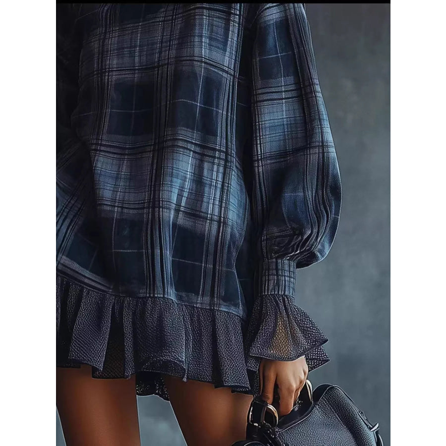 Full Size Plaid High-Neck Ruffled Hem Mini Dress Plus Navy / S Apparel and Accessories