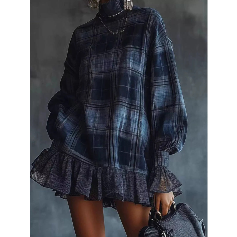 Full Size Plaid High-Neck Ruffled Hem Mini Dress Plus Apparel and Accessories