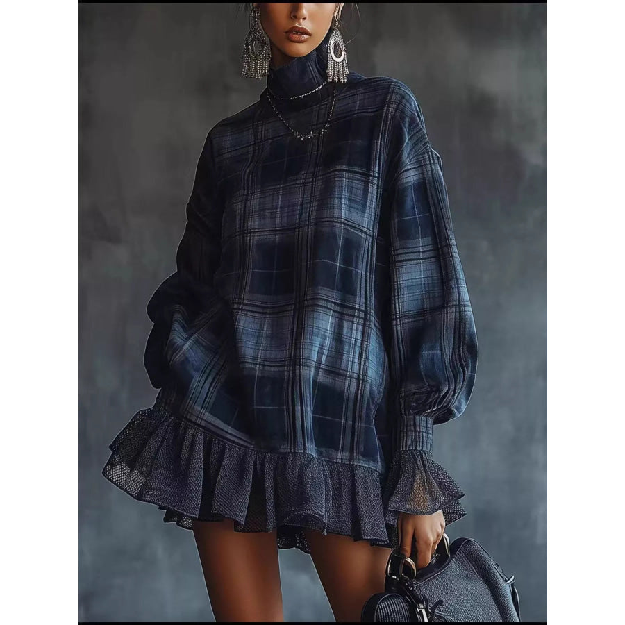 Full Size Plaid High-Neck Ruffled Hem Mini Dress Plus Navy / S Apparel and Accessories