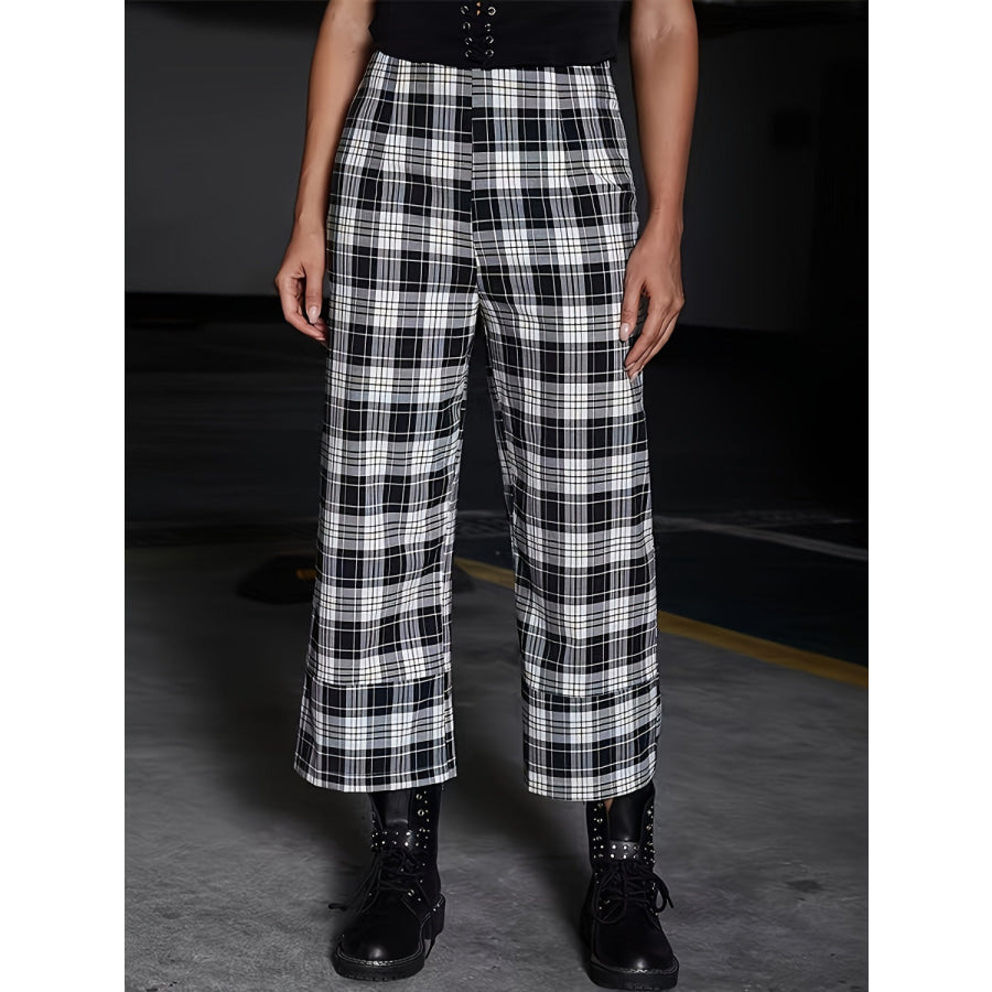 Full Size Plaid High Waist Pants Plaid / S Apparel and Accessories