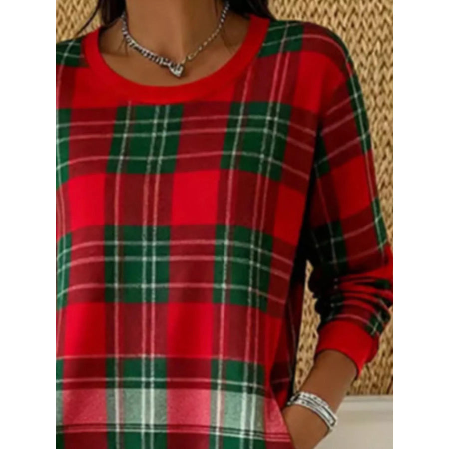 Full Size Plaid Long Sleeve Crew Neck Dress with Pockets Plus Apparel and Accessories