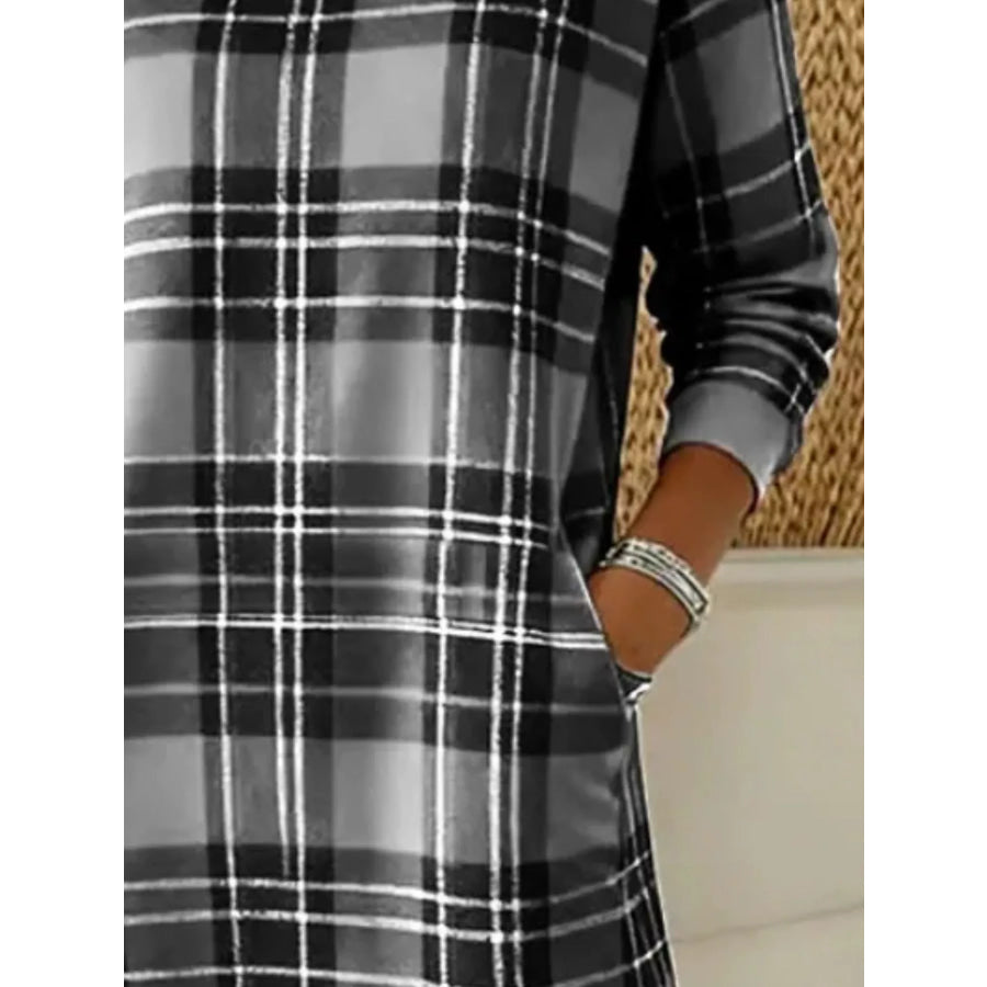 Full Size Plaid Long Sleeve Crew Neck Dress with Pockets Plus Black / S Apparel and Accessories