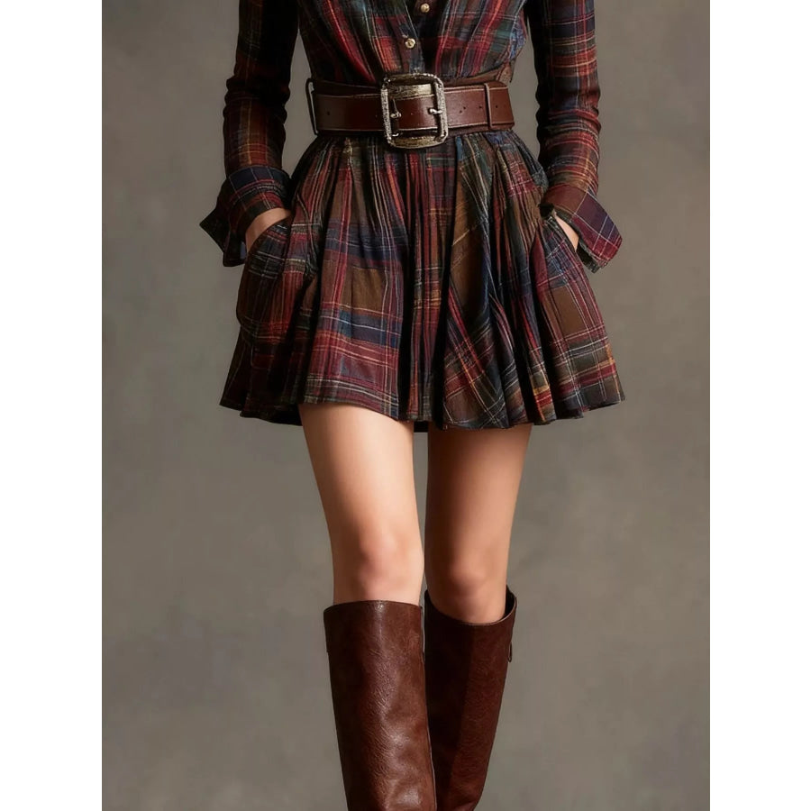 Full Size Plaid Long Sleeve Shirt Dress Plus Burgundy / S Apparel and Accessories