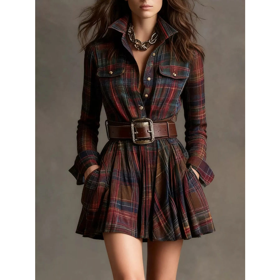 Full Size Plaid Long Sleeve Shirt Dress Plus Burgundy / S Apparel and Accessories