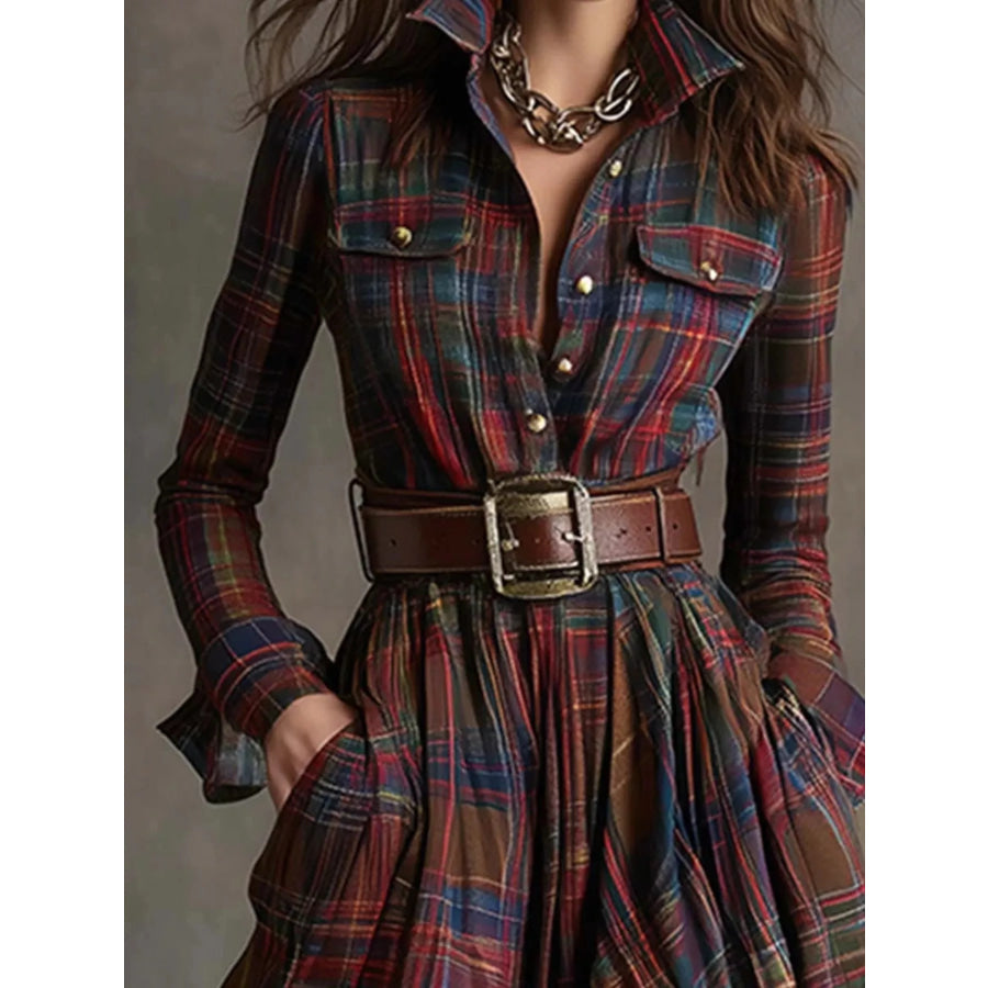 Full Size Plaid Long Sleeve Shirt Maxi Dress Plus Burgundy / XS Apparel and Accessories