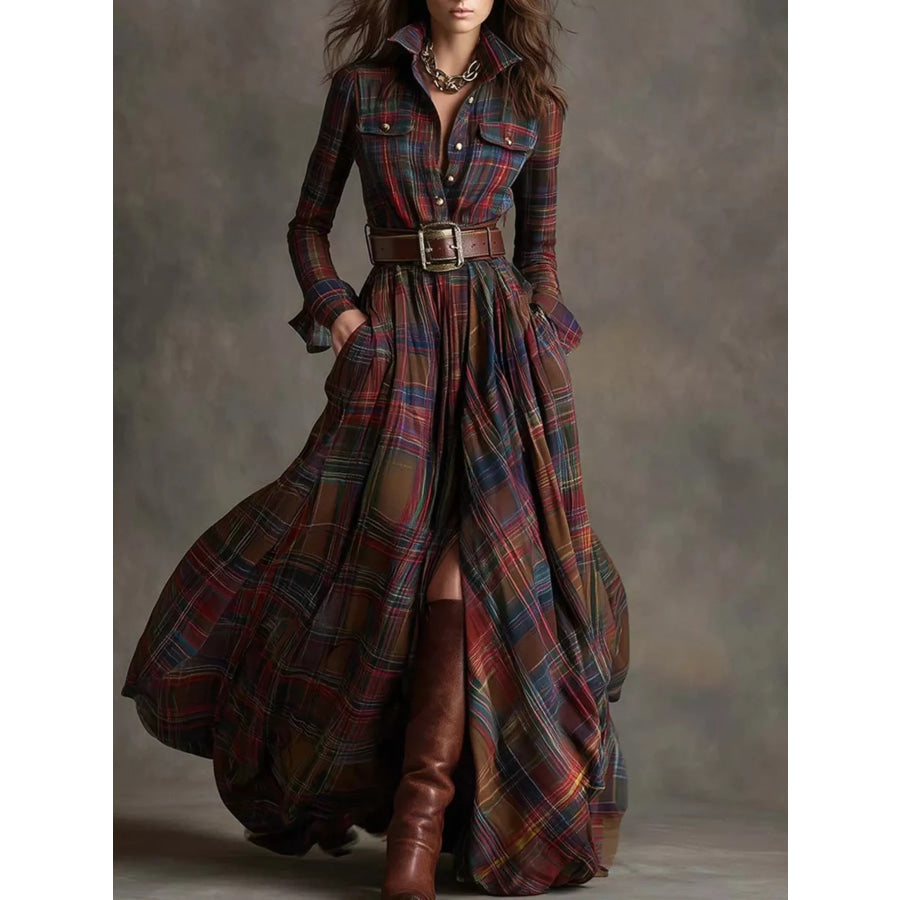 Full Size Plaid Long Sleeve Shirt Maxi Dress Plus Burgundy / XS Apparel and Accessories